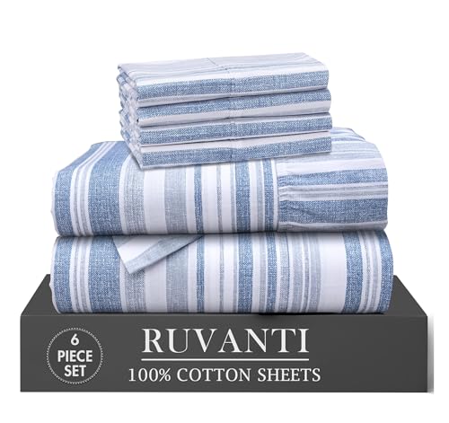 "Ruvanti 6 Pcs Cotton Sheets - 100% Natural Cotton Soft, Lightweight & Breathable Crispy Percale Sheets, Full Size Bed Sheets 16"" Deep Pockets, Naval Blue"