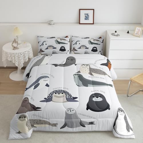 Feelyou Kids Cartoon Seal Comforter Set Queen Size Cute Ocean Marine Animal Bedding Set for Boys Girls Teens Sea Creature Decor Comforter Seal Collection Duvet Set Bedroom Quilted