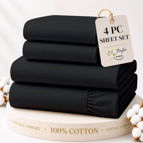 Cottington Lane 100% Cotton California King Sheet Set, 4 Piece Black Luxury Hotel Quality Sheets, Deep Pocket Fits 8-16 Inch Mattress, Soft, Durable, Cooling & Breathable Bedding for Cal King Bed