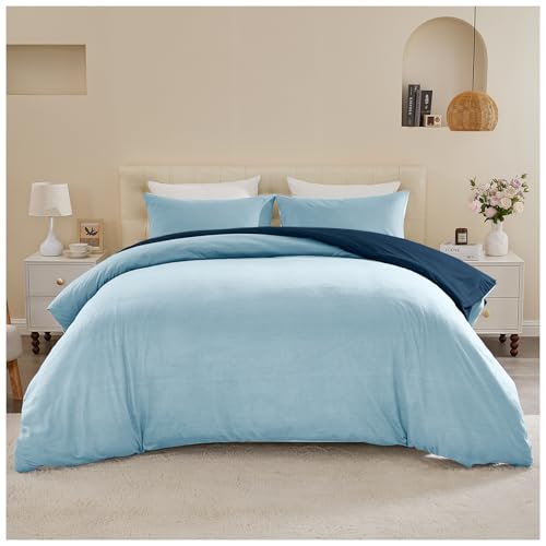 GC GAVENO CAVAILIA Luxury Bedding Double Bed Set - Breathable Plain Duvet Dover with Pillowcases - Durable & Soft Reversible Comforter Cover Washable (200 x 200 Cm) - Blue/Navy