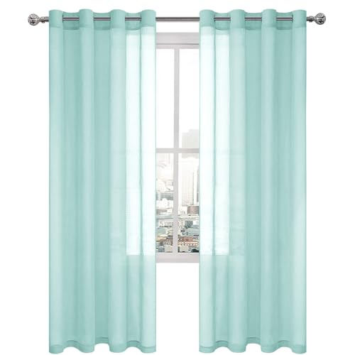 DWCN Sheer Curtains Faux Linen Grommet Window Curtain Voile Sheer Drapes for Living Room Set of 2 Panels 52 x 84 Inch Long, Mint Green