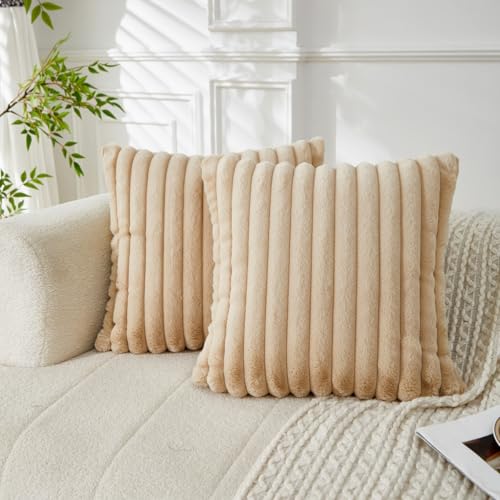 Sunday Praise Beige Striped Boho Throw Pillow Covers 18x18 Inch Set of 2 Faux Fur Plush Farmhouse Decorative Cozy Pillow Cases Soft Fluffy Accent Cushion Cases for Couch Sofa Bed