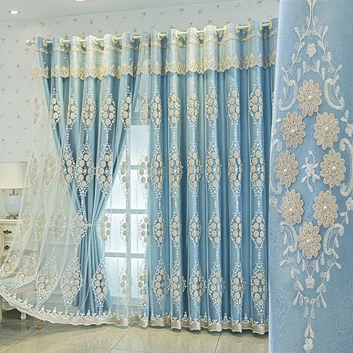 Amidoudou 1 Pair European Double Layer Curtains with Valance for Living Room Bedroom 3D Flower Embroidered Curtains (Blue,51x90 Inch)