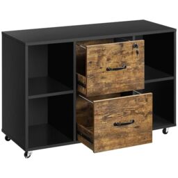 Yaheetech Mobile File Cabinet, Lateral Storage Cabinet 2 Drawers and 4 Open Storage Shelves, Home Office Rolling Printer Stand Side Filing Cupboard, Black/Rustic Brown
