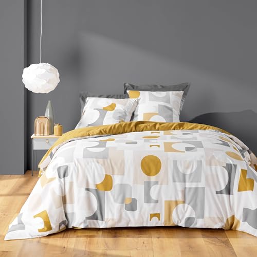 Douceur d'Intérieur, Geomelo Ochre 3-Piece Bedding Set (240 x 220 cm) Printed Polycotton