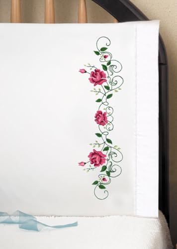 "Tobin Stamped Pillowcases, Rose Vine, 20"" x 30"" Embroidery Kit, Pink"