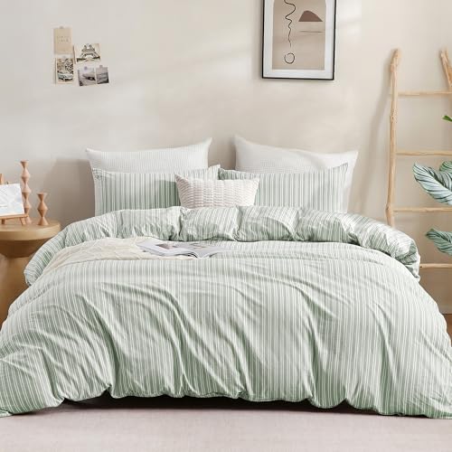 "ATsense Striped Duvet Cover King 100% Washed Cotton Linen Like 3 PCS Super Soft Comfortable and Breathable Duvet Cover Set with Zipper Closure (King 104""x90"", Sage Green and White Striped)"