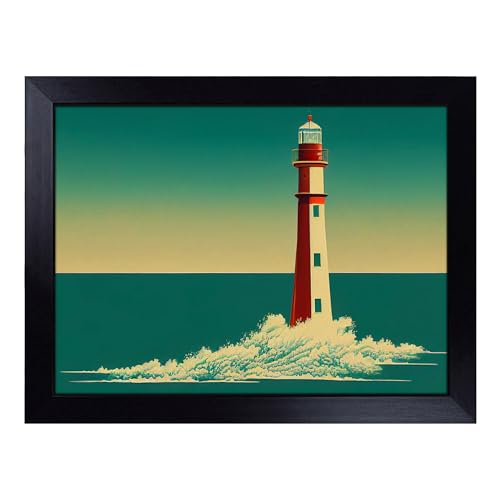 Lap Tray with Bean Bag Cushion, Art Deco Lighthouse - Handmade in the UK, Raised Wooden Edge, Padded Cushion, Heat-Resistant Wipe-Clean Surface, for Meals, Laptops and Crafts