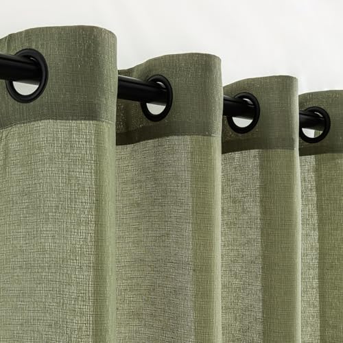 VOILYBIRD Sage Green Linen Curtains 63 Inch Length 2 Panels for Bedroom, Semi Sheer Linen Drapes Black Grommet Basketweave Texture Curtains, 52???W x 63???L