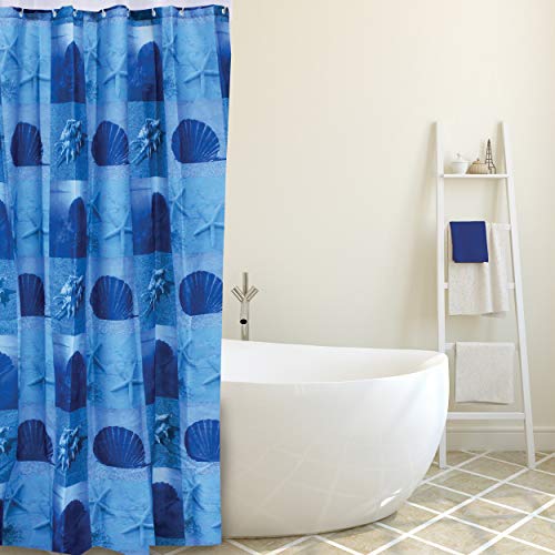 "MSV ""Shellfish Polyester Shower Curtain, White/Blue, 180 x 200 cm"