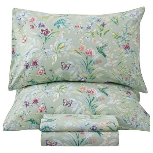 Lady Ann Green Floral Queen Sheets 100% Egyptian Cotton Sateen Sheets for Queen Size Bird Butterfly Botanical Print Floral Bed Sheets Extra Deep Pocket 17''