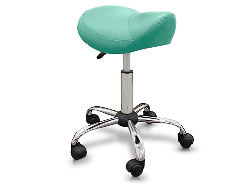 QUIRUMED Ergonomic Pony Stool with Steel Base, Green, Upholstered in Leatherette, Adjustable Height, Padded Seat, Swivel Wheels, Up to 150 kg