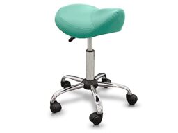 QUIRUMED Ergonomic Pony Stool with Steel Base, Green, Upholstered in Leatherette, Adjustable Height, Padded Seat, Swivel Wheels, Up to 150 kg