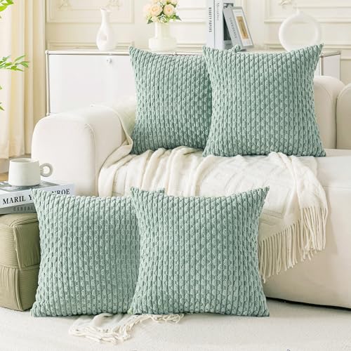 Cozoomy Set of 4 Aqua Decorative Throw Pillow Covers 24x24 Inch Corduroy Pillow Covers for Bed Couch Sofa Living Room Soft Square Cushion Cases