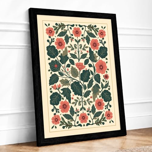 Symmetrical Floral Tapestry Botanical Framed Wall Art Print A1 Black