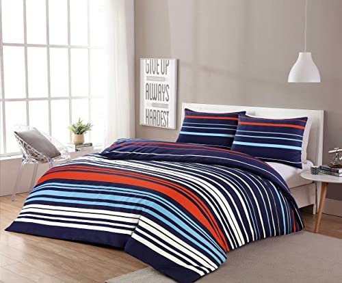 Homespace Direct Pedro Multi Stripe Duvet Cover Set Bedding Blue/Red Modern Super King