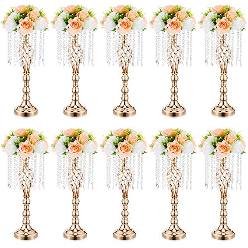Amylove 10 Pcs 21.7 Inches Gold Crystal Wedding Centerpieces for Tables with Metal Chandelier Holder Stand