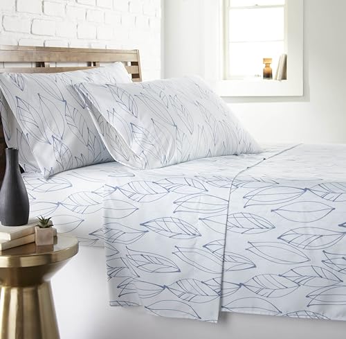 Southshore Fine Living, Inc. 4-Piece Botanical Sheets Set, 15 Inch Deep Pocket King Size Sheet Sets, Easy Care Microfiber Bedsheets, Leaf Printed Sheet Set King Size - Modern Foliage Blue on White