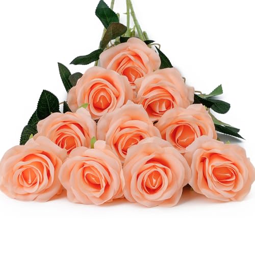 DuHouse 10pcs Fake Roses Artificial Silk Flowers Long Stems Bouquet for Arrangement Wedding Centerpiece Party Home Kitchen Decor(Peach Fuzz-a)