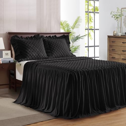 "Ruffle Skirt Bedspread Set - 30"" Long Drop - Vintage Chic Ruffled Summer Coverlet Bed Spreads Quilt Boho Bedding Farmhouse Style Lightweight Luxurious Rustic 2 Piece Set Twin Size Black"