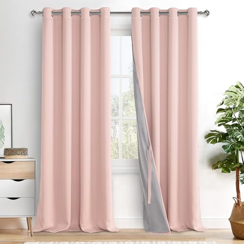 XWZO 100% Blackout Curtains 2 Panels with Tiebacks- Heat and Full Light Blocking Window Treatment with Black Liner for Girl's Room/Nursery, Grommet Top???Blush Pink, W52 x L95 Inches Long, Set of 2