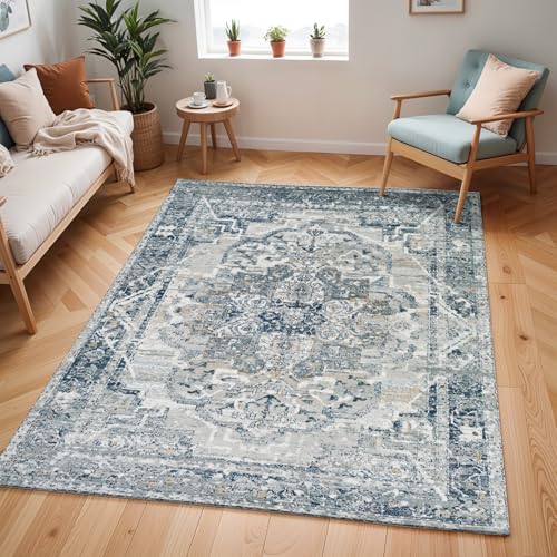 Livabliss Ascot Vintage Rug - Area Rugs for Living Room 120x170 cm, Bedroom - Scandi Neutral Rug, Traditional Patterned Boho Rug Style, Natural Easy Care Pile - Large Rug, Grey and Blue Rug