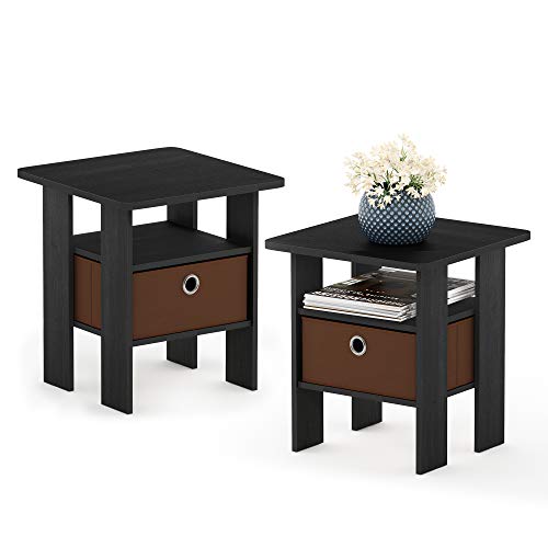 Furinno ANDREY Side Table, Set of 2 End Table, Night Stand with Open Shelves and Storage Bin, Bedside Table, for Living Room, Bedroom, Americano
