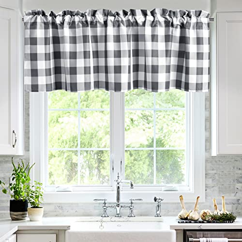 Hiasan Buffalo Plaid Kitchen Curtains Valances for Windows - Semi Sheer Checkered Rod Pocket Valance for Living Room, Farmhouse, Bedroom, 52 x 18 Inches Length, Grey and White, 1 Panel