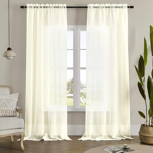 "MYSTIC-HOME Sheer Curtains 95 Inches Long, Window Treatments Rod Pocket Drapes Bedroom, Semi Crinkle Voile Curtain Panels for Yard, Villa, Parlor, Set of 2, Beige, 52"" Wx95 L"