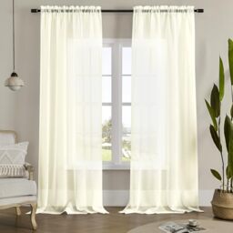 "MYSTIC-HOME Sheer Curtains 95 Inches Long, Window Treatments Rod Pocket Drapes Bedroom, Semi Crinkle Voile Curtain Panels for Yard, Villa, Parlor, Set of 2, Beige, 52"" Wx95 L"