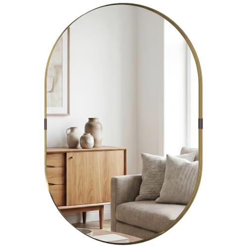 HOMCOM Oval Wall Mirror Elevated Aluminium Alloy Frame 60x90cm Gold - Bathroom Mirror, Tempered Glass for Living Room, Bedroom, Hallway