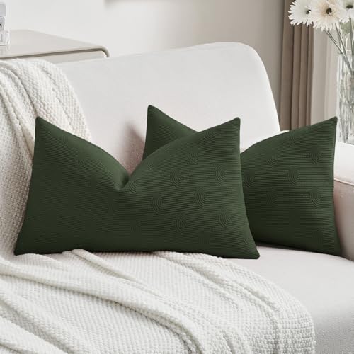 FUTEI Dark Green Chenille Decorative Throw Pillow Covers 12x20 Inch Set of 2,Soft Cozy Striped Geometric Patterns Lumbar Pillow Cases,Modern Home Decor for Couch Bed Living Room