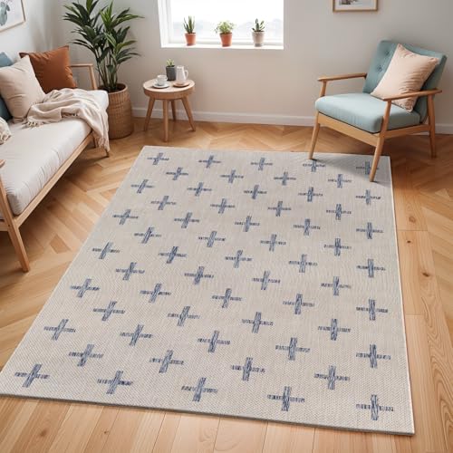 Livabliss Gavina Sannat Indoor Outdoor Carpet 120x170 cm, Living Room, Dining & Kitchen, Waterproof, Stain Resistant, Durable Boho Style, Cream Dark Blue