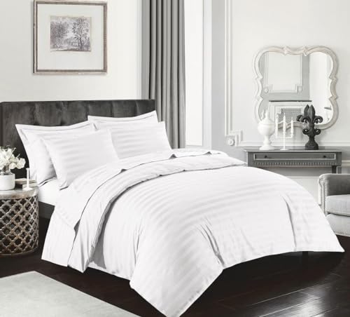Kampala Hill Egyptian Cotton 400 Thread Count Double Duvet Hotel Quality Cover Satin Stripe Bedding Set, White