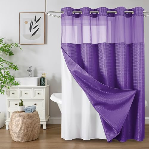 "Colorful Star Purple No Hook Waffle Shower Curtain with Liner, 72""W x 75""L - Waterproof Shower Curtain with Snap in Fabric Liner and Mesh Top Window, Hotel Style Heavy Duty Thick Bathroom Curtain"