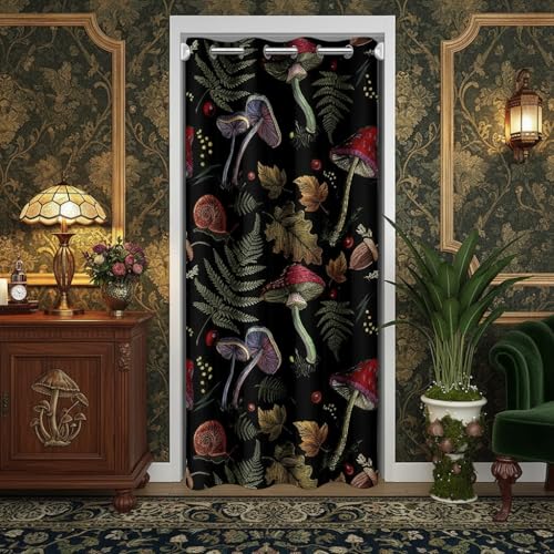 "Wild Mushroom Door Curtain 60"" W x 80"" L Burgundy Plant Fallen Leaves Blackout Curtain for Closet Door Rustic Snail Print Curtain Tapestry for Hallway Living Room"