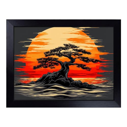 Lap Tray with Bean Bag Cushion, Japanese Sunset View - Handmade in the UK, Raised Wooden Edge, Padded Cushion, Heat-Resistant Wipe-Clean Surface, for Meals, Laptops and Crafts