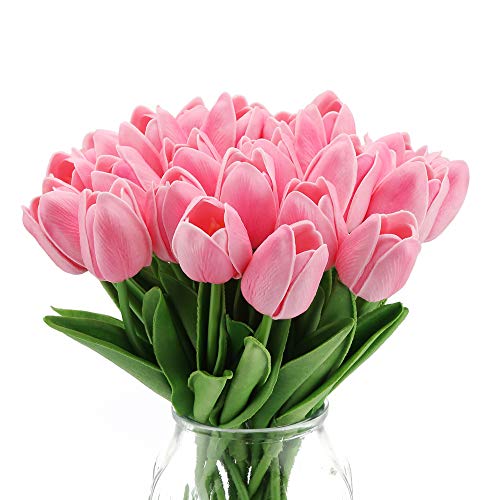 IPOPU Pink Tulips Artificial Flowers 24PCS Real Touch Tulips Flowers Fake Pink Tulips Faux Flowers for Home Decoration Wedding Bouquet Party Baby Shower Centerpieces Bridal Bouquet Decor (Pink)