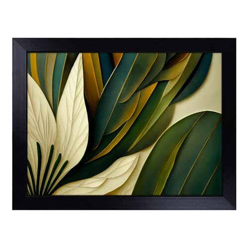 Lap Tray with Bean Bag Cushion, Art Deco Plant Leaf - Handmade in the UK, Raised Wooden Edge, Padded Cushion, Heat-Resistant Wipe-Clean Surface, for Meals, Laptops and Crafts