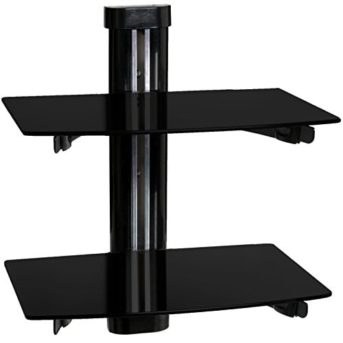 MOOL 2-Shelf Floating Tempered Glass DVD Player/Amplifier/Speaker/Sky Wall Mount Shelves with Cable Management System for Plasma/LED/LCD TV, Black