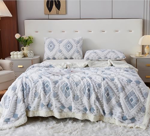 LEVINIS Boho Sherpa Fleece Blankets 80'' ?? 90'', Ultra Soft Aztec Queen Blanket for All Season, Cozy, Plush, Bohemian Throw Blanket for Bed/Couch/Sofa/Office/Camping, Light Blue
