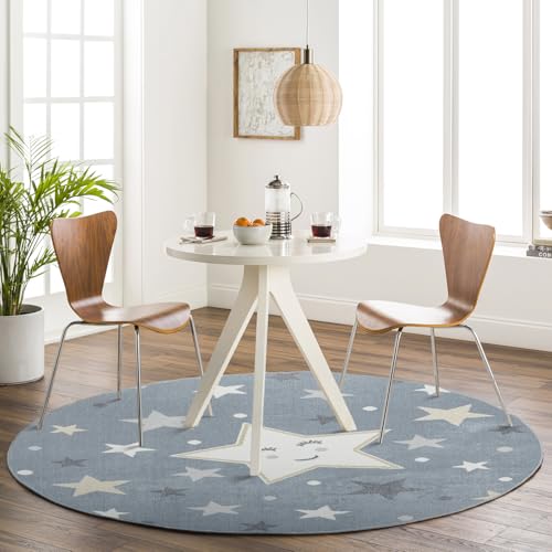 Livabliss Supermama Stars Washable Kids Carpet 160x160 cm – Soft Machine Washable Animal Design for Girls & Boys Bedroom, Playroom & Nursery, Baby Friendly Floor Mat in Blue & Grey