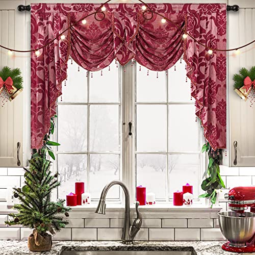 NAPEARL Red Valance for Windows-Christmas Decoration Swag Curtains for Living Room, Damask Waterfall Valance Curtains with Beads for Bedroom, 61-Inch Wide