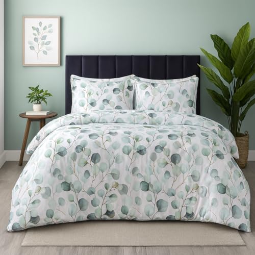 Dreamology Duvet Cover King, Duvet Cover with Button Closure, Microfiber - Piped Edges & Fade Resistant Bedding Set, Includes 1 King Size Duvet Cover & 2 Pillow Shams (Green Petals)