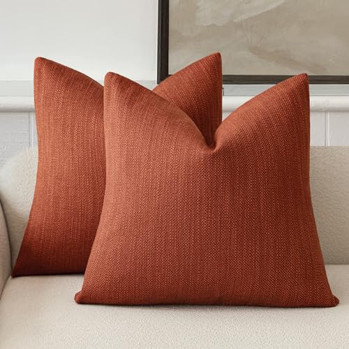 Foindtower Set of 2 Decorative Textured Burlap Linen Throw Pillow Covers Farmhouse Boho Cushion Cover Solid Accent Pillowcase for Couch Sofa Bed Living Room Home Decor, 22??22 Inch,Fall Orange Hazel
