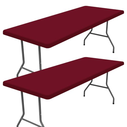 "Moosfor Spandex 6 Foot Rectangle Table Cloth 2 Pack, Elastic Fitted Tablecloths for Picnic, Stretch Washable Patio Table Cover for Outdoor, Camping, Banquet and Parties (Wine Red, 30""x72"")"