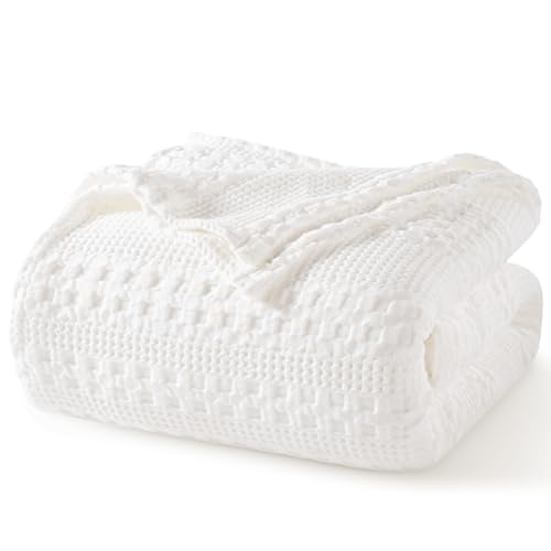 "PHF 100% Cotton Waffle Weave Blanket Queen Size for Bed, Soft Lightweight & Breathable, All-Season Comfort, Luxury Aesthetic Christmas Blanket for Home Decor, 90""x90"", White"