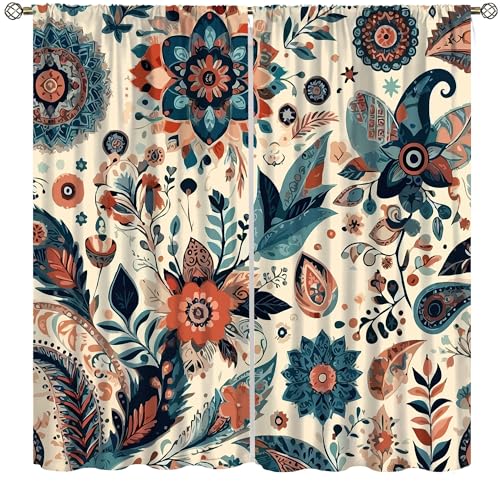 AuiMzoo Bohemian Floral Curtains, Vintage Floral Natural Botanical Peris Pattern Window Treatments, Blackout Curtains for Bedroom Living Room72X63 Inch