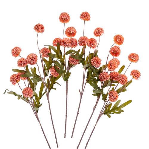 SITUMEIZI Orange Artificial Chrysanthemum Flowers Fake Mums Silk Long Stem Pompon 6Pcs Mini Faux Kiku Flower Arrangements for Home Party Wedding Decorations