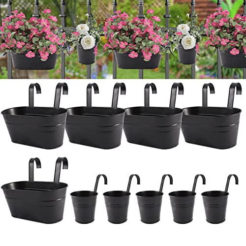 Metal Iron Flower Pots for Railing Fence Hanging Bucket Pots(5 Pcs) and Hanging Flower Pots Metal Iron Bucket Planter(10 Pcs) (Black)